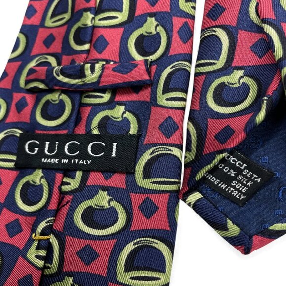 Gucci Silk Tie Italy Made Vintage Horsebit Pink Blue Geometric Horse Equestrian - Picture 6 of 9